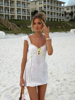 White Lace Dress Summer Women's Dress Bowknot Back Tie Up Short Beach Vestidos Female Sleeveless Mini Casual Cotton Dress 2025