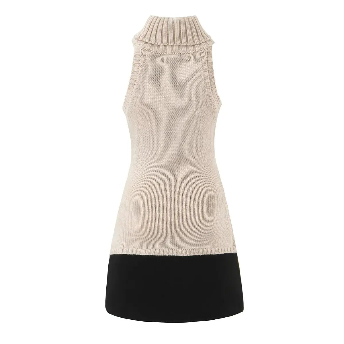 Women's Fashion Patchwork Knitted Dress Knit Sleeveless Dress Bodycon Fit With Contrast Black Hem Cozy Winter Mini Dress CR01