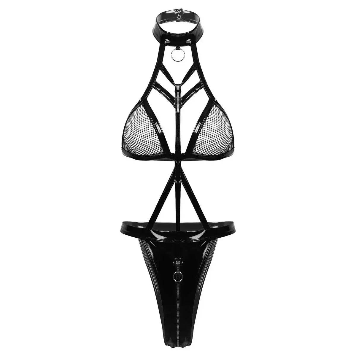 Plus Size Balck Bandage PU Latex Leather Mesh Bodysuit Exotic Teddies Zipper Crotch Catsuit 2XL Costumes Women Sexy Lingerie