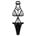 Plus Size Balck Bandage PU Latex Leather Mesh Bodysuit Exotic Teddies Zipper Crotch Catsuit 2XL Costumes Women Sexy Lingerie