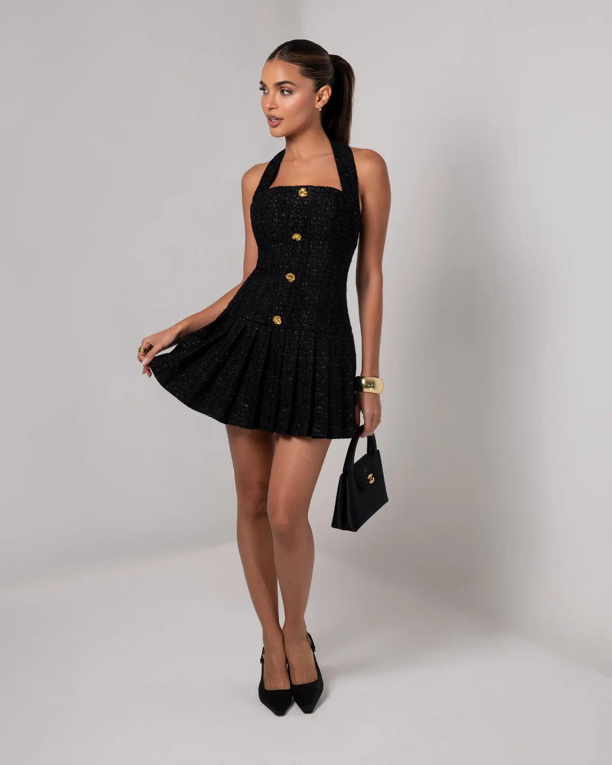 Temperament Elegant Women's Halter Neck Dress Solid Color Braid Fabric Pleated Short Dresses Socialite Commuting Style Vestidos