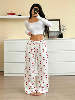 New Summer Women Satin Pajama Pants Cute Heart Pattern Elastic Waist Loose Long Sleepwear Trousers Comfortable Home Lounge Pants