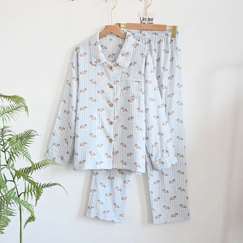 Cartoon Print Pajamas 2 Piece Long Sleeve Trousers Suit Women Soft Cotton Home Wear Summer New Sleepwear Pijamas Loungewear