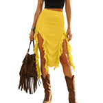 Women Western Boho Midi Skirt High Waist Ruffled Asymmetrical Hem Slit Flowy Summer Skirts Casual Cowgirl Style Streetwear Y2k