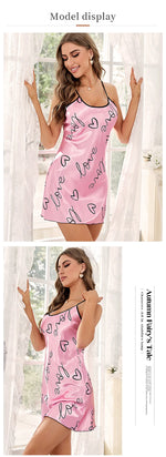 Heart Letter Print Nightdress Casual Round Neck Spaghetti Strap Sleep Dress Women's Sleepwear Dresses