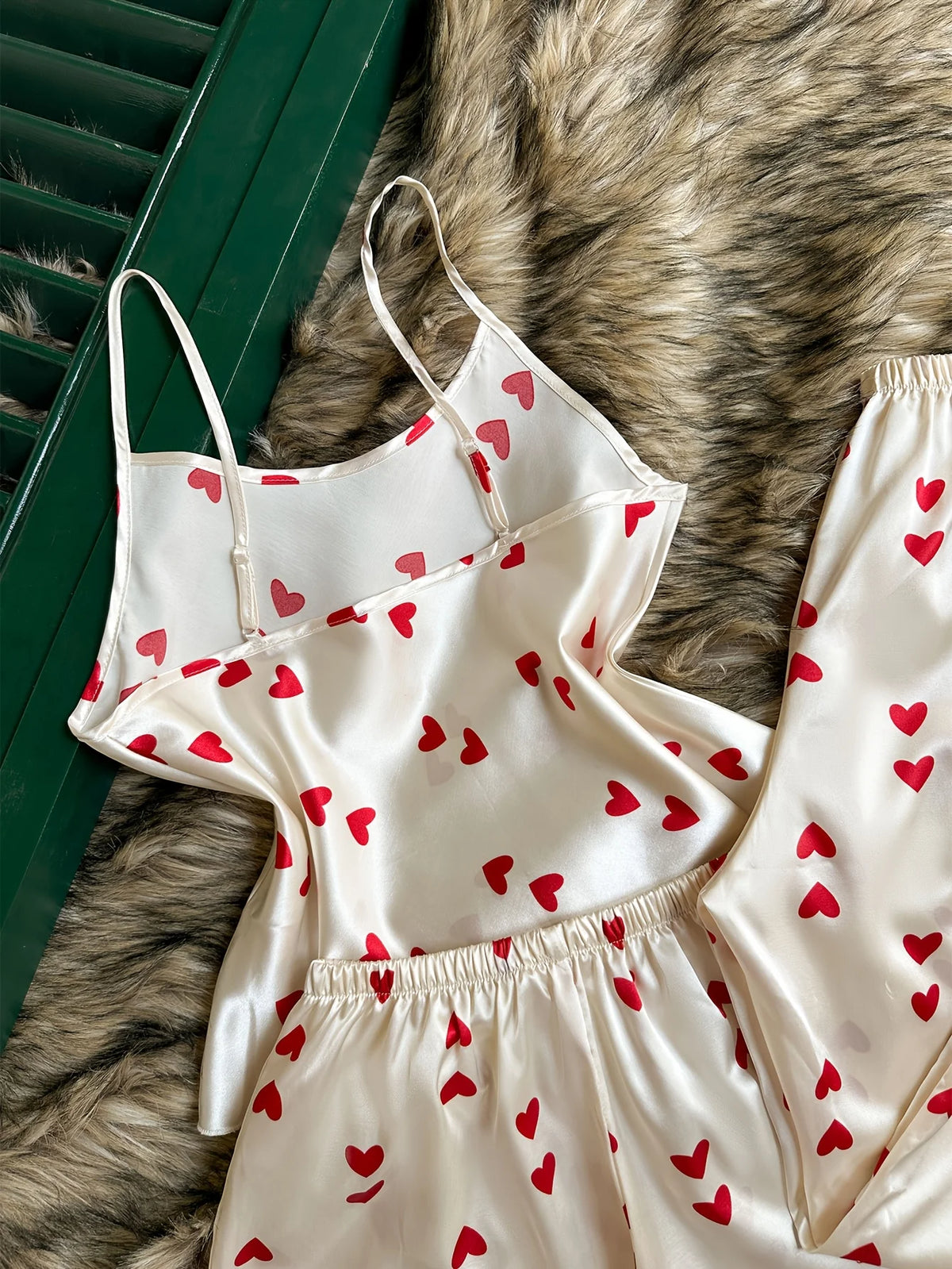 3 Pcs Women Satin Pajama Set Heart Print Round Neck Top with Pants and Shorts Sleepwear Suit Elegant Ladies Homewear