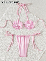 S - XL New Shiny 3D Flowers Halter Bikini Female Swimsuit Women Swimwear Two-Pieces Bikini Set Bather Bathing Suit Swim V7703