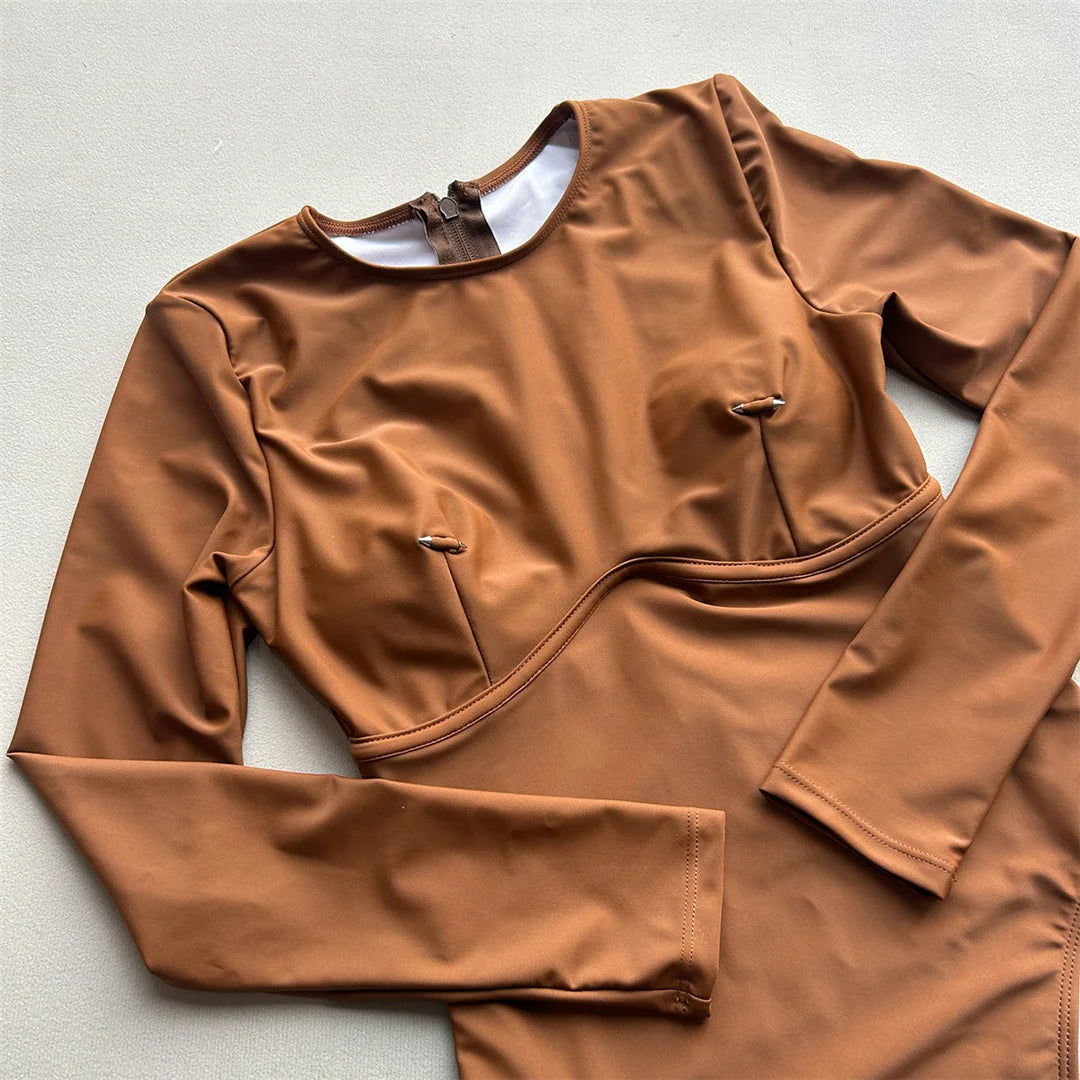 2026 Long Sleeve With Zipper Solid Women Swimwear One Piece Swimsuit Female Padded High Leg Cut Bather Bathing Suit Swim V7752