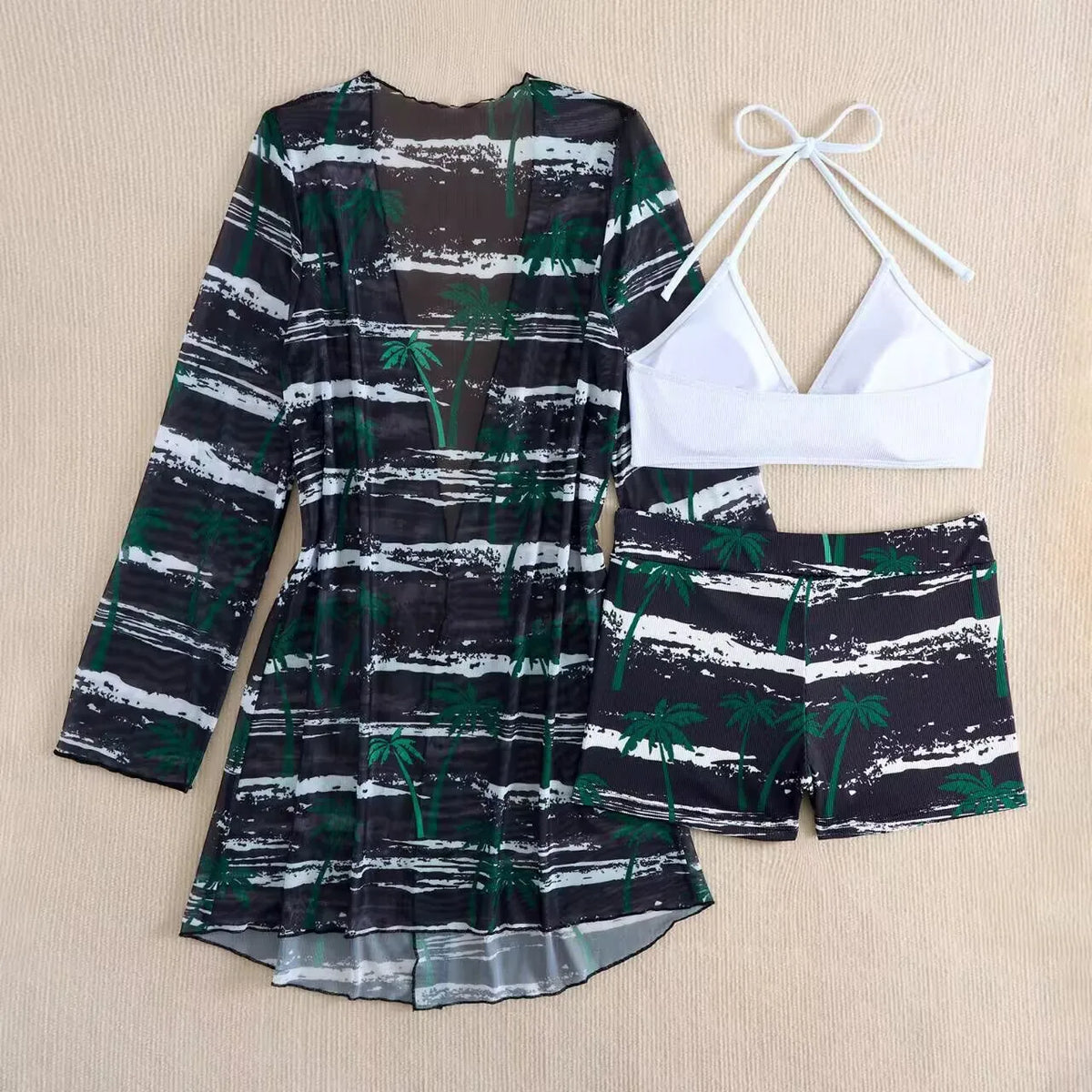 New Print 3 Pieces Padded High Waist Bikini Set Swimsuit Women Swimwear with Kimono Beach Wear Ladies Bathing Suit with Shorts