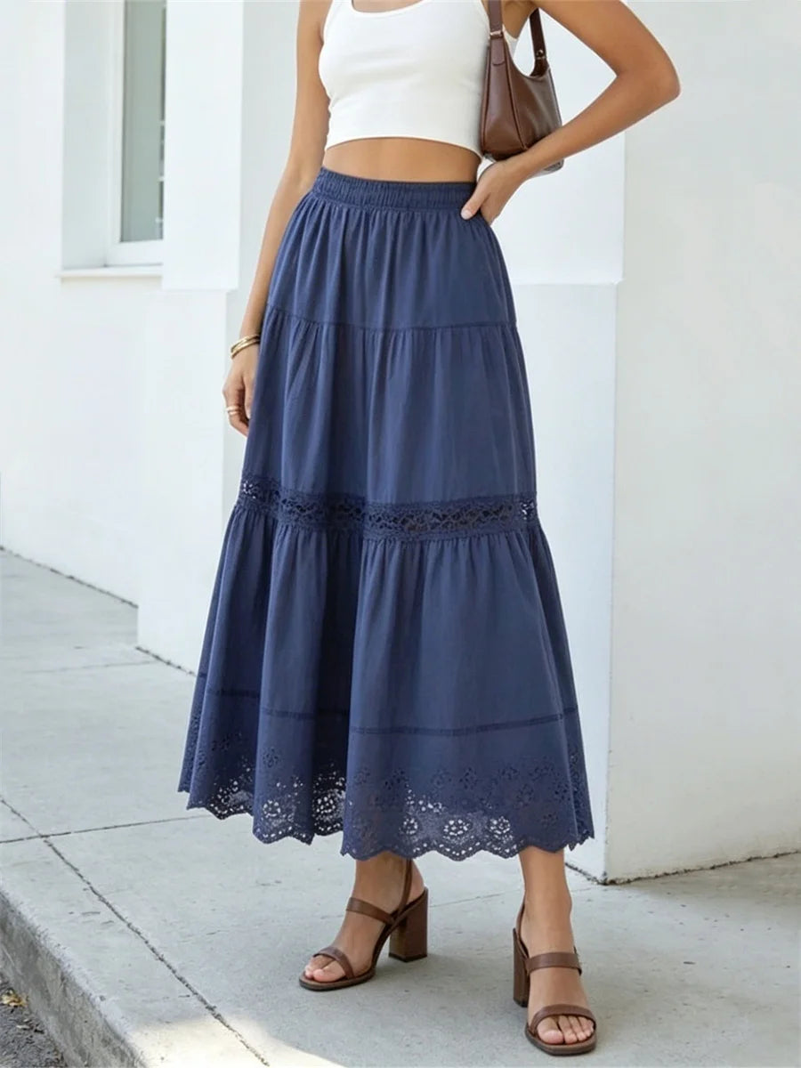 Women's Boho Long Skirts Hollow Out Hem Elastic Waist Loose Fit Pleated A-line Skirts Summer Casual Fashion Skirts