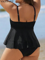 VigoJany 2026 Solid 2 Piece Plus Size Tankini Set Women Strapped Ruffle Curvy Swimsuit High Waist Beach Lady Big Bathing Suit