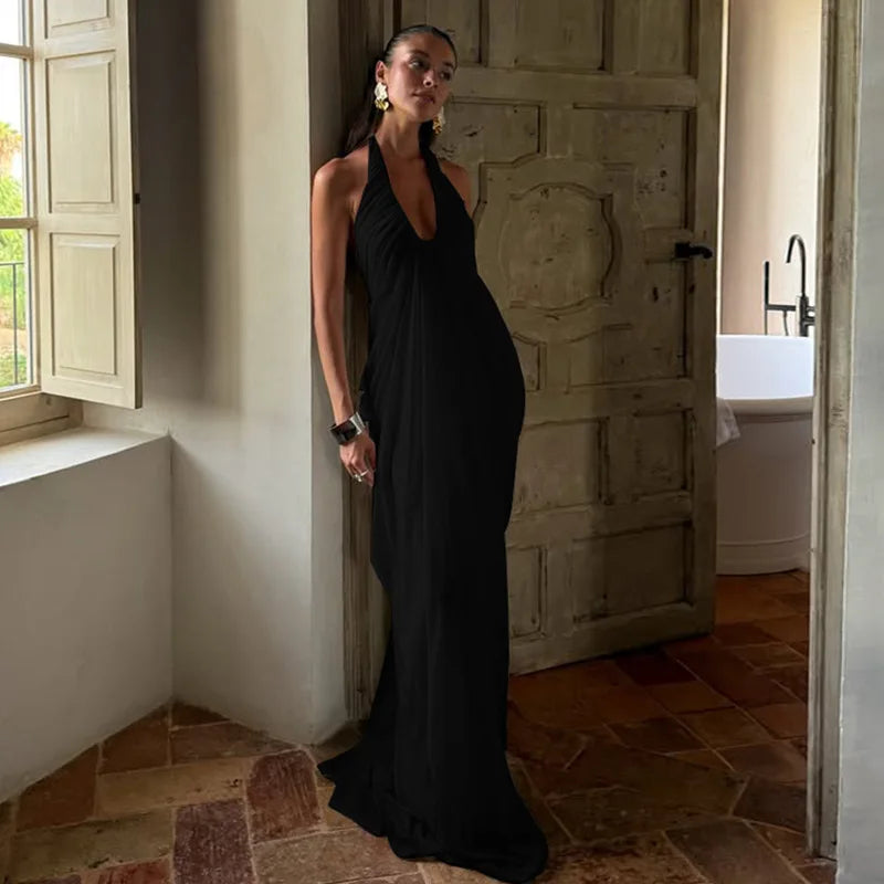 FDYOUI 2026 Summer Backless Ruched White Long Maxi Dress for Woman Elegant Sexy Halter Sleeveless Loose Evening Party Dresses