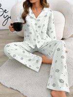Autumn Winter Floral Printed 2 Piece Pajamas Set Women Soft Long Sleeve T-shirt Tops and Pants Homewear Nightwear Sleepwear