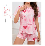 3-Piece Heart Print Pajama Women Sleepwear Home Clothes Short Sleeve Top with Shorts & Long Pants Pajamas Loungewear Short Suit