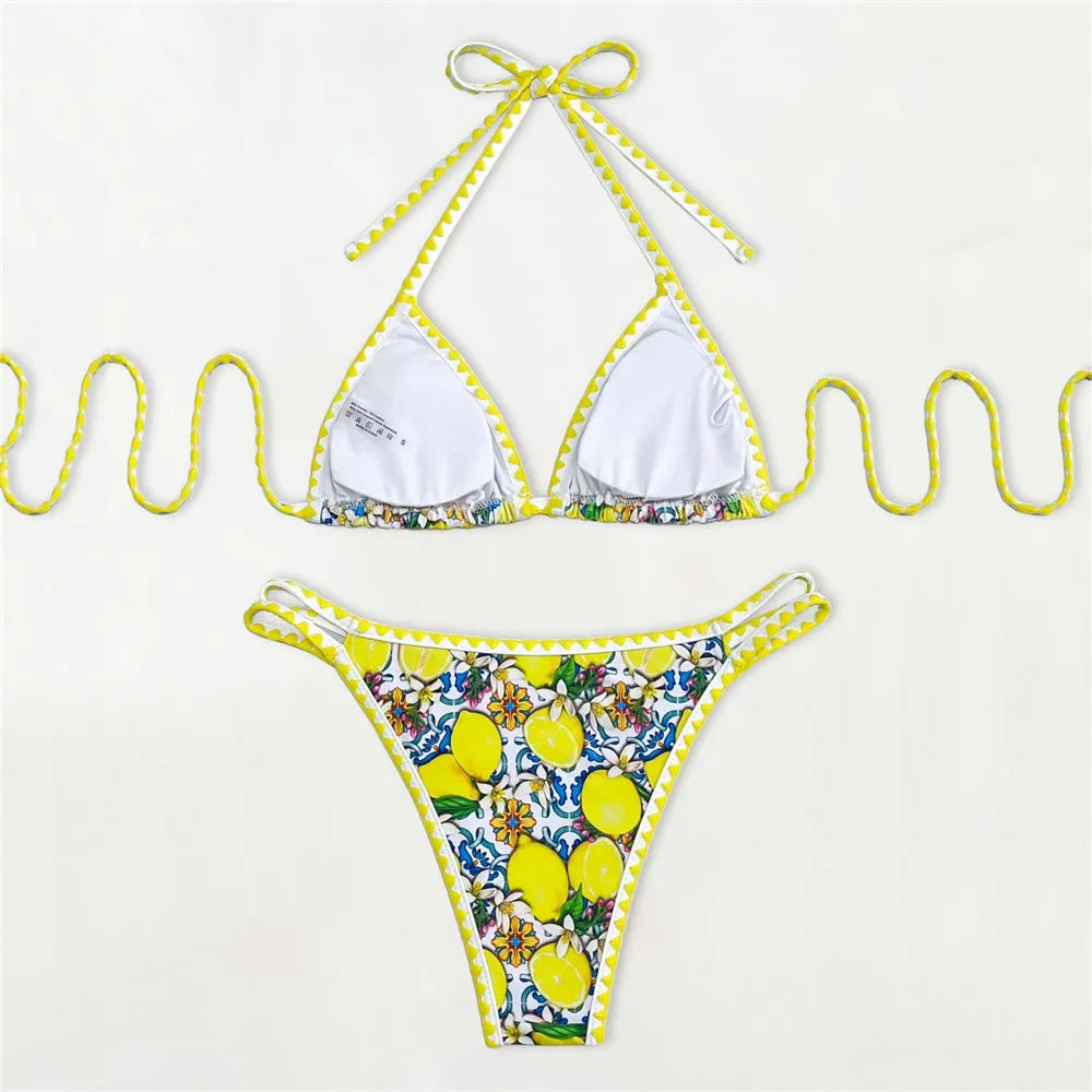 Lemon Flower Print Swimwear Halter String Triangle Bikini Mini Micro Thong Sexy Swimsuit Women 2026 Bather Bikinis Sets De Mujer