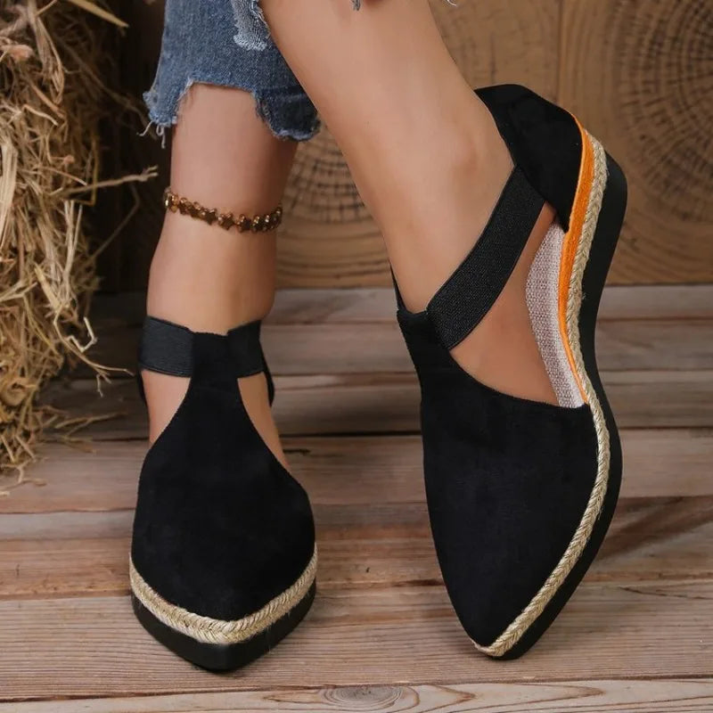 Women Closed Toe Wedge Sandals Summer Fashion Solid Color Pointed Elastic Band Elegant Comfortable Sandals for Women