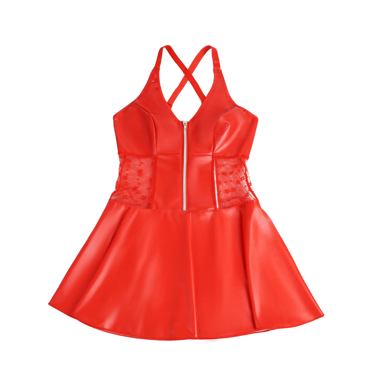 Red PU Leather Lace Babydoll Dress for Women Deep V Backless Suspender Garter Belt Mini Clubwear Plus Size S-2XL