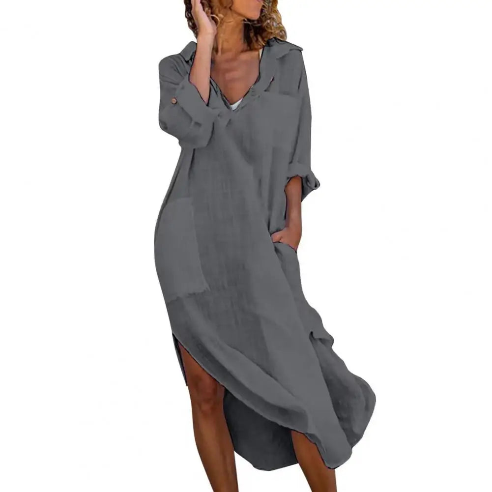 Beach Holiday Dress Women Summer Shirt Dress Lapel V-neck Solid Color Pockets Design Side Split Loose Fit Thin Midi Dress