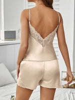 Women Summer Sexy Pajamas Set Backless Deep V Sleepwear Lace Satin Comfortable Short Sleeve Cami Shorts Set