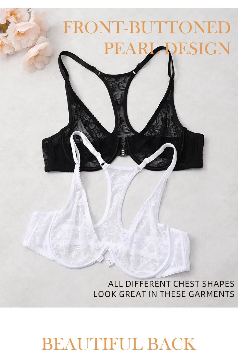 Womens Front Button Lace Bra Underwire Underwear Elegant Embroidery Trendy Breathable Casual Plus Size Lingeire A B C D E F Cup
