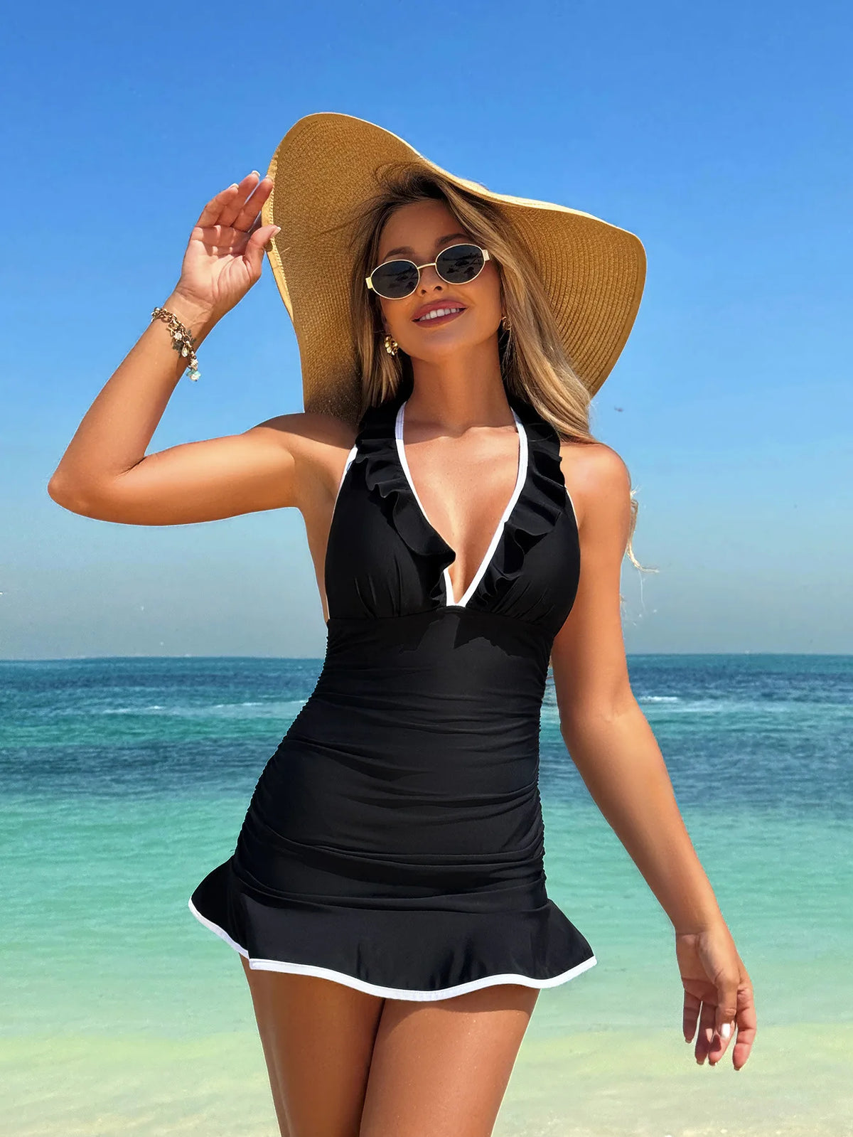 Women White Black Patchwork Bikini Set Ruffles V Neck Tank Top High Waist Short Two Piece Swimsuit 2026 Bathing Suits Swimwear