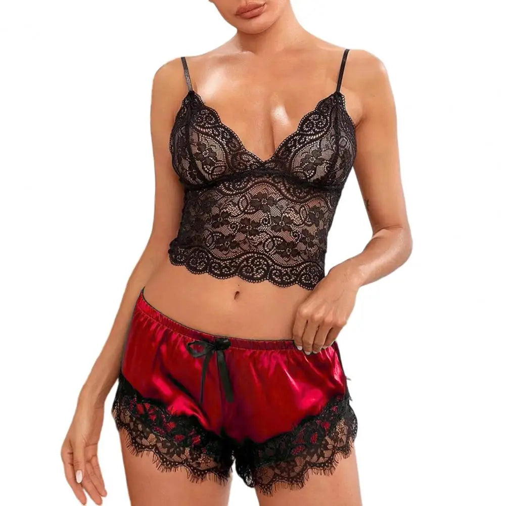 Women Pajama Set Lace Pajama Top Satin Shorts With Black Silk Bow And Lace Trim Sexy Lace Camisole Set Ladies Sleepwear Outfit