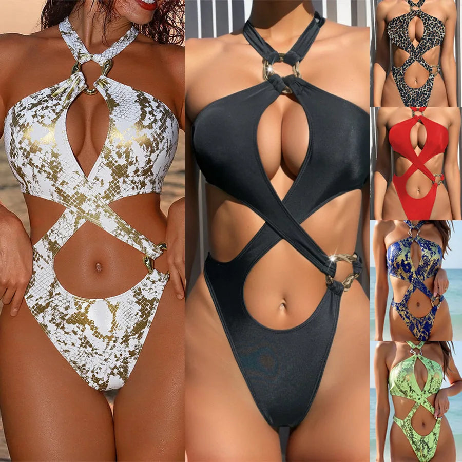 Shiny Blue Snakeskin Print One Piece Swimsuit Women 2026 Sexy Hollow Out Backless Metal Cross Bathing Suit Swimwear Monokini