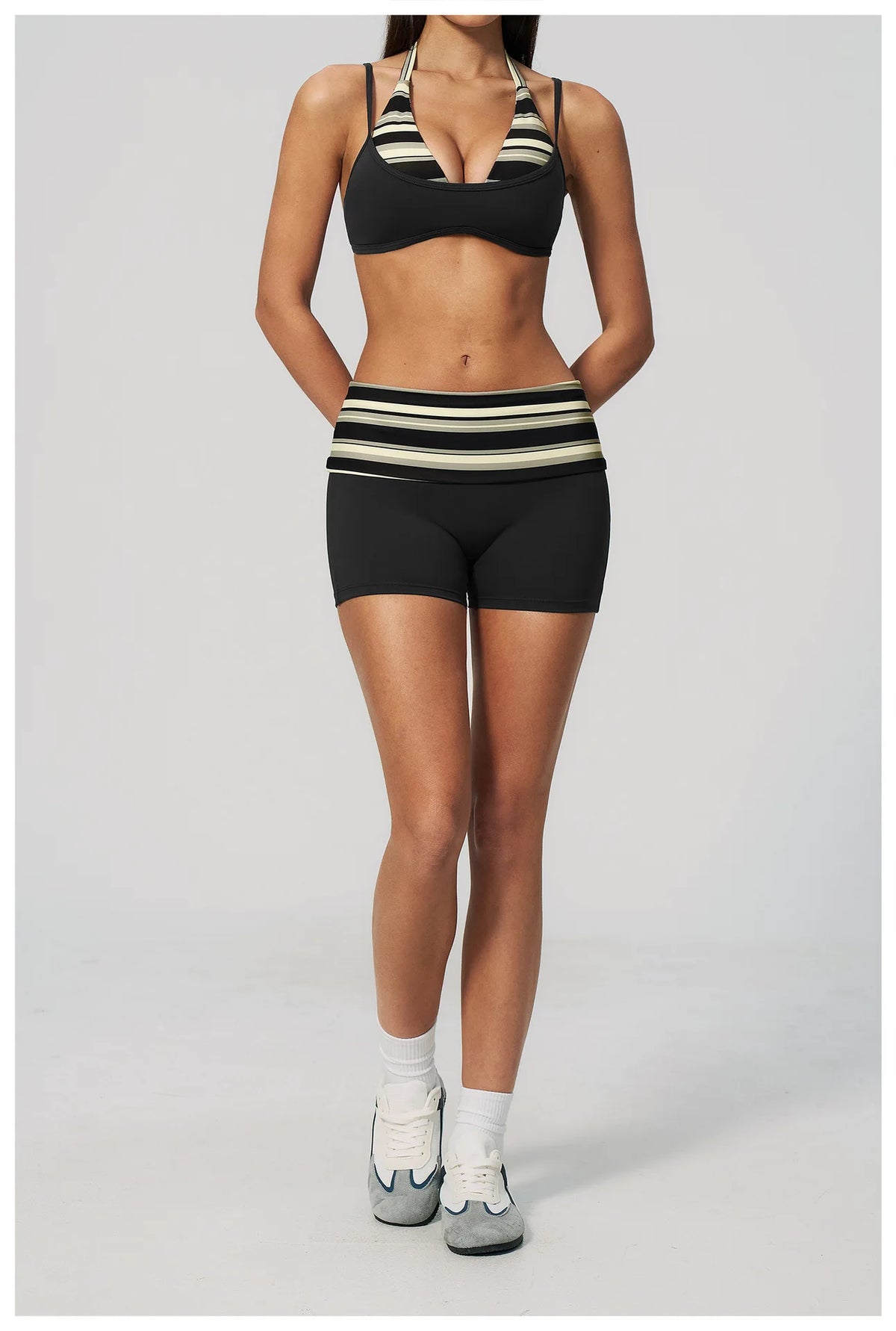 Breathable Striped Patchwork Yoga Clothing Women Fake Two-piece Sports Bra Folding High Waist Shorts Gym Running Fitness Suit