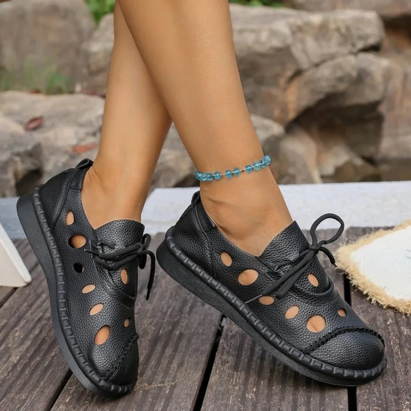 2026 Summer New Hollow-Out Lace-Up Sandals Women Flat Slip-Resistant Leather Bohemian Handmade Casual Shoes with Thick Sole