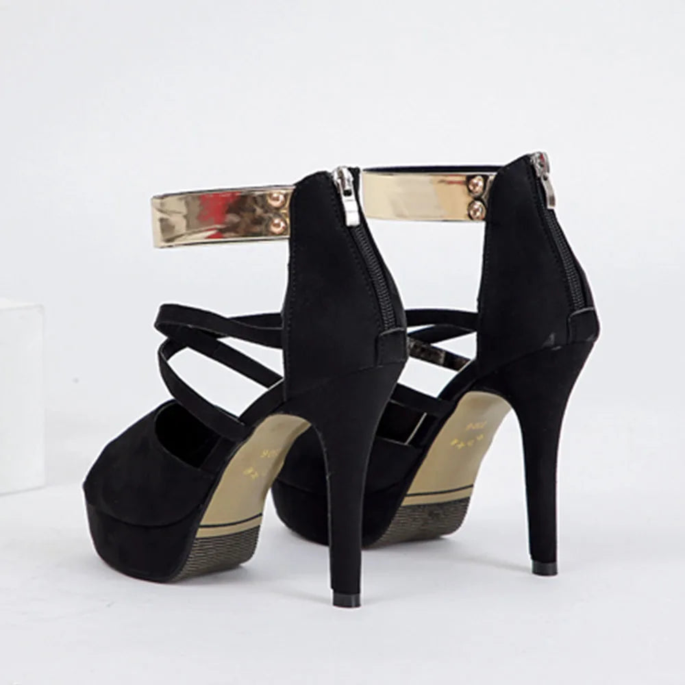 Women's Sexy Peep Toe Platform 12cm High Heel Sandals with Gold Metal Classic Ankle Strap Crisscross Stiletto Heel Party Shoes