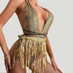 New Shiny One Piece Swimsuit Sexy White Snakeskin Print Deep V Neck Swimwear Backless Bathing Suit Sequin Tassel Skirt Monokini