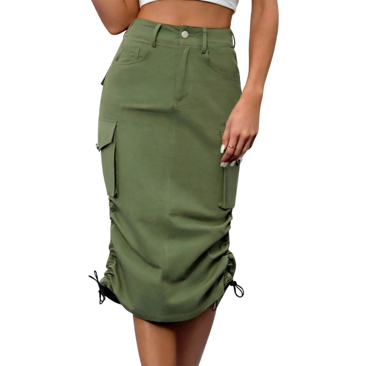 Womens Cargo Midi Skirt High Waist Multi Pocket Pencil Skirt Side Drawstring Ruched Split Hem Bodycon Summer Skirts Streetwear