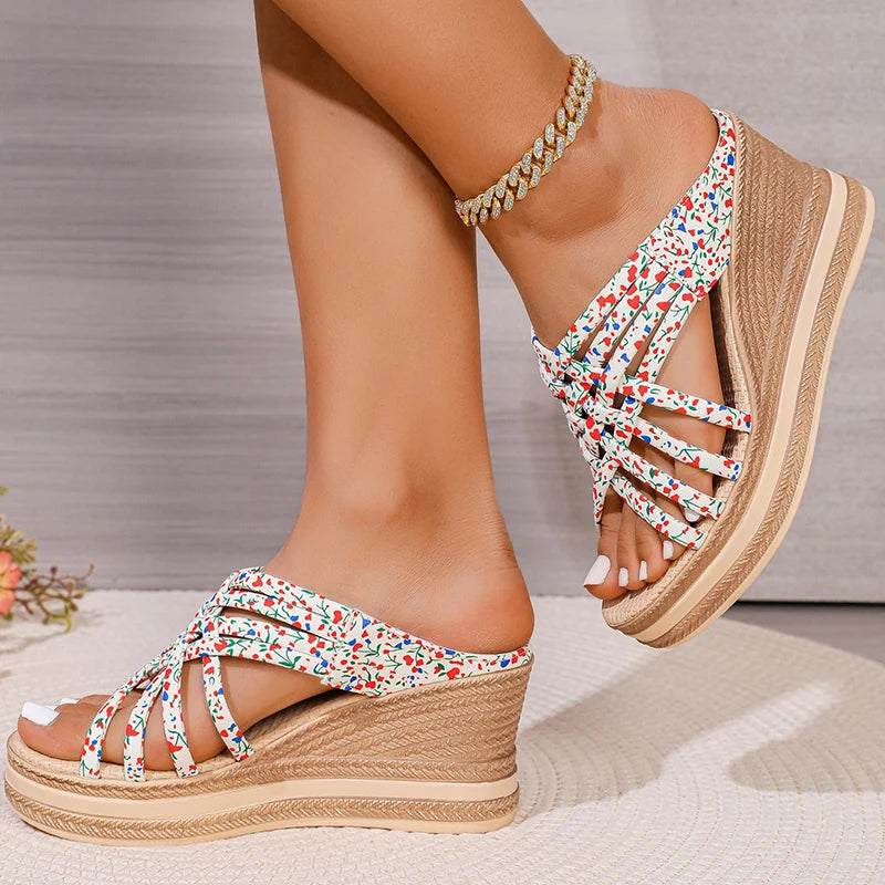 Floral Print Chunky Platform Sandal Women Plus Size Cross Strap Open Toe Sandals Ladies Non Slip Thick Bottom Wedge Sandal Mujer