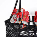 Toucheart 4-Piece Sexy Lingerie Set Women Embroidered Flower Straps Cross Hollow Out Mesh Patchwork Sexy Lace Up Bra Garters Set