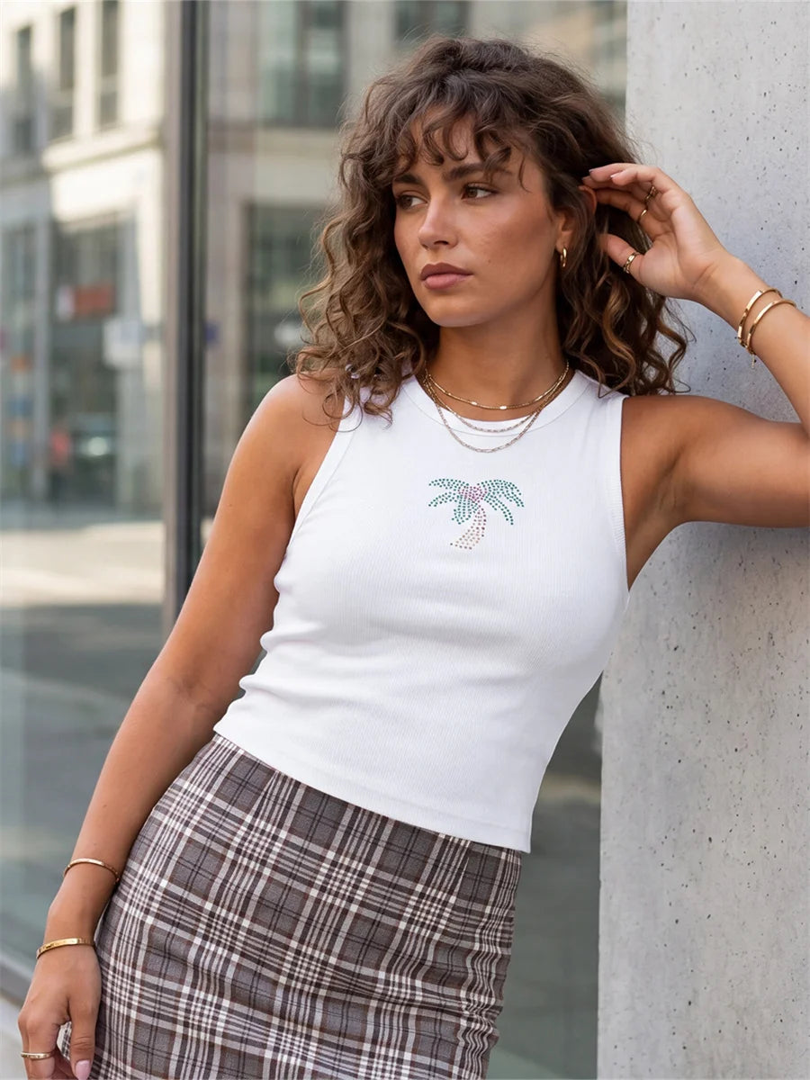 Summer Women's Tank Tops Rhinestone Printed Sleeveless Round Neck Ribbed Vest for Beach Club Daily Out Going Wear