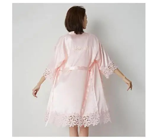 Champagne Bride Bridesmaid Wedding Robe Lace Sleepwear Home Wear Sexy Satin Bathrobe Gown Female Nightdress Intimate Lingerie