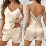 Summer Sexy Pajama Sets Backless Deep V Sleepwear Lace Satin Pajamas Set for Women Comfortable Short Sleeve Cami Shorts