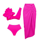 2024 Sexy Sling Ruffle Solid Two Pieces Bikini Women High Waist 3D Flower Swimsuit Skirt Summer Backless Beachwear Bathing Suit