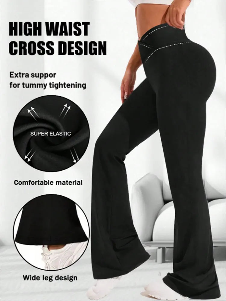 Criss Cross Stretch Flare Pants Minimalist High Waist Commute Yoga Trousers Sexy Casual Sports Leggings For Womens Slim Figures