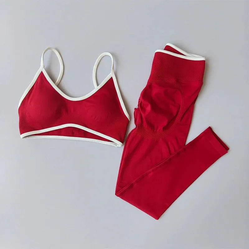 2PCS High Waisted Sports Bra Set with Contrasting Small Suspender Tight Fitting Hip Lifting Training Bra And Pants
