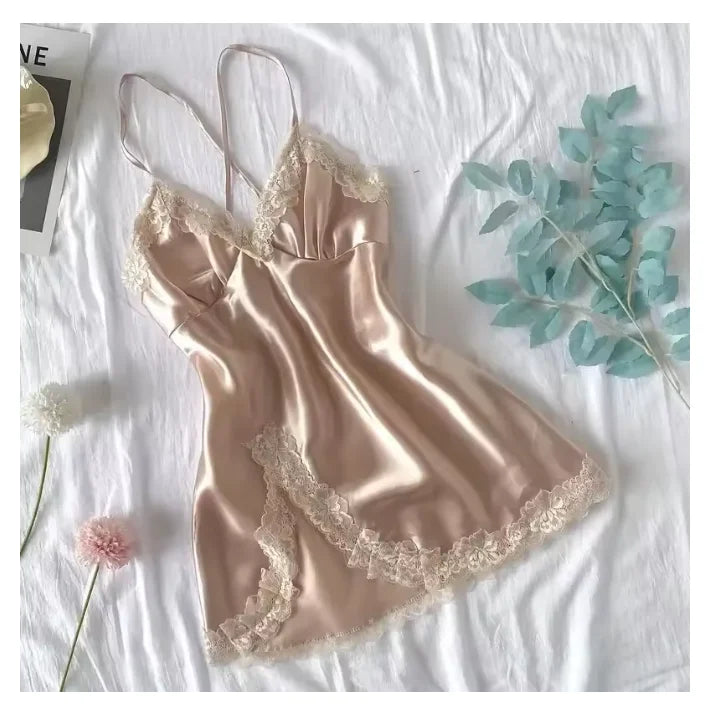 Women's Satin V-Neck Lace Trim Chemise 1-Pc Sexy Mini Nightdress
