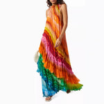 Rainbow Stripe Sleeveless Long Dresses Women Fashion Fold Layered Loose A-line Maxi Dress Temperament Lady Commuting Vestidos