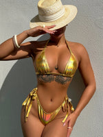 DEKA Women's Triangle Bra Gold Shiny Bikinis Set Hot Summer Sexy Padded High Waist Swim Bottoms FashionBathing Suit Beachwear