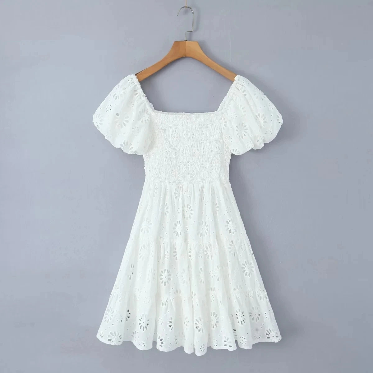 Puff Sleeve Cotton White Lace Dress Women Summer 2025 Square Collar Vintage Beach Short Dress Petite Flower EmbrioderyDress