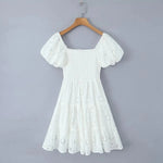 Puff Sleeve Cotton White Lace Dress Women Summer 2025 Square Collar Vintage Beach Short Dress Petite Flower EmbrioderyDress