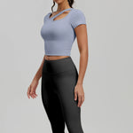 2 Pieces Women Tracksuit Yoga Set Spring Summer Short Sleeve Hollow Out Slim Sports Top High Waist Leggings Running Fitness Suit