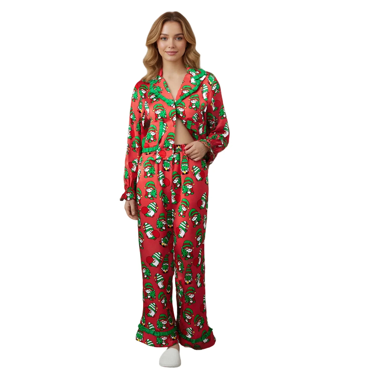 Women's Christmas Pajama Sets Fashionable Lapel V Neck Long Sleeve Printed Tops with Pants 2 Pieces Soft Sleepwear