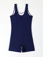 Women One-piece Sports Swimsuit Professional Training Athletic Boyleg Bathing Suit Printed Swimwear Patchwork Beach Wear Blue