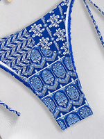 Blue Floral Print 2 Piece Micro Bikini Set for Women 2025 New Push Up Bra Thong Swimsuit Beach Bathing Suit Holiday Swimwear