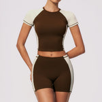 Summer New Yoga Sets Women Breathable Contrasting Color Short Sleeve Slim Sports T Shirts Training Running Shorts Fitness Suit